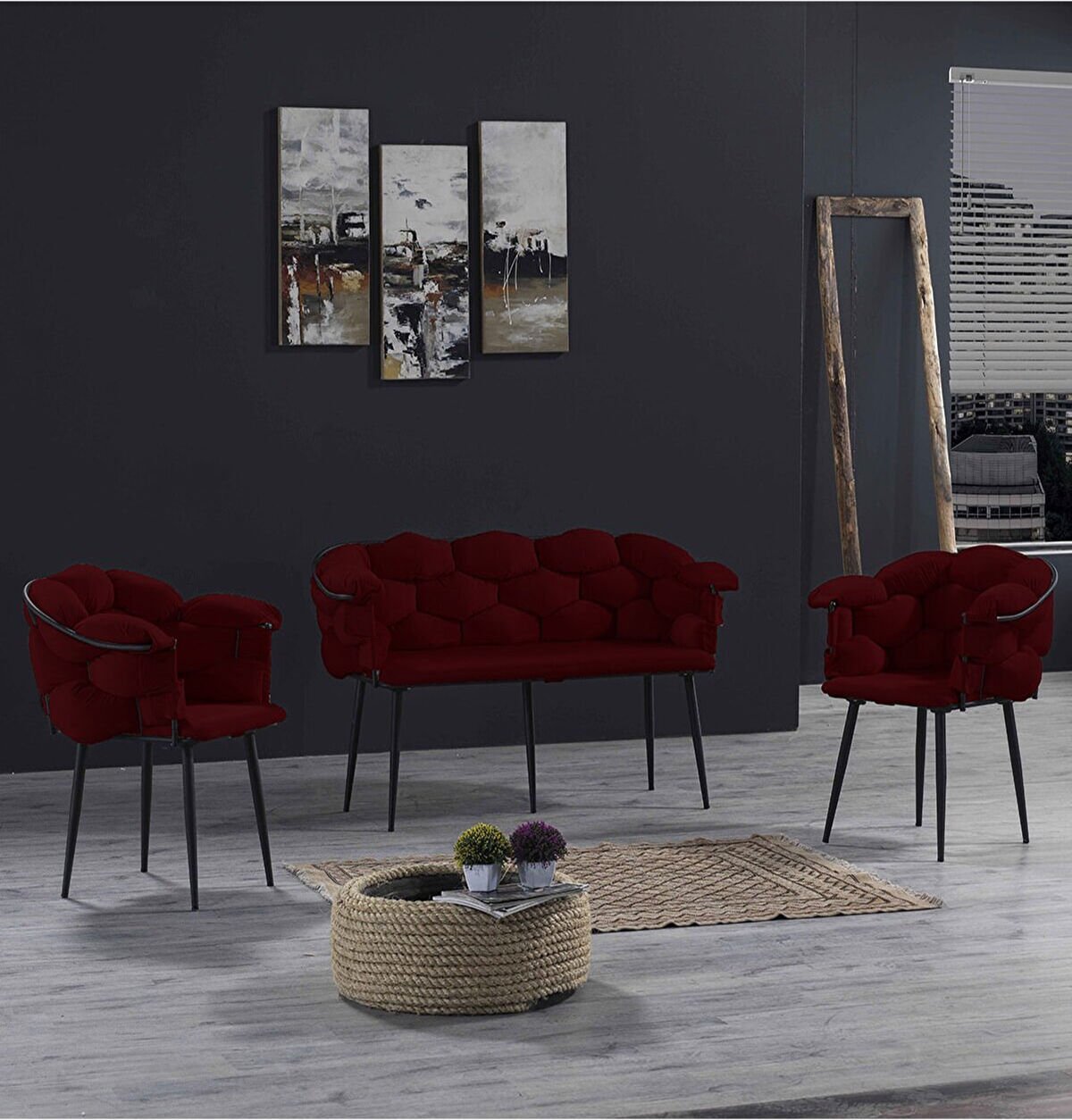 Balon Çay Seti 2+1+1 Bordo - Siyah İskelet