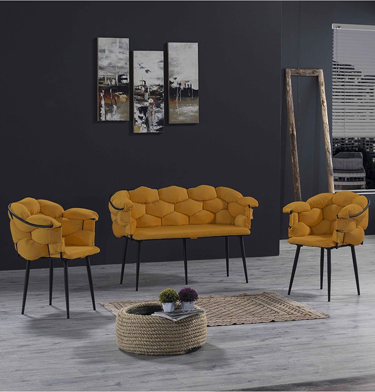 Balon Çay Seti 2+1+1 Hardal - Siyah İskelet