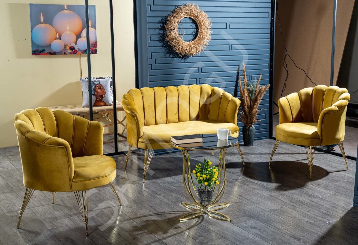 Papatya Çay Seti 2+1+1 Hardal Sarı