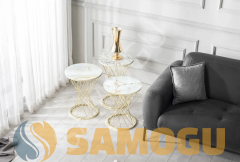 Pota Zigon Sehpa Beyaz Mermer Desen Gold Ayak 3'lü