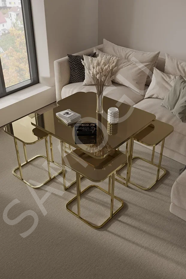 Kare Pizza Orta Sehpa Bronz Cam Radüslü 4+1