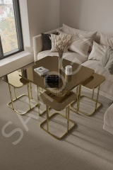 Kare Pizza Orta Sehpa Bronz Cam Radüslü 4+1