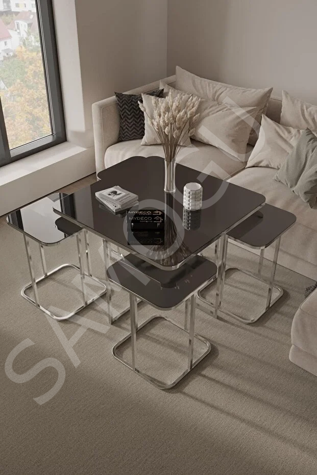 Kare Pizza Orta Sehpa Füme Cam Radüslü 4+1