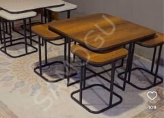 Kare Pizza Orta Sehpa Radüslü 4+1 Ceviz Renk Ahşap Yüzey