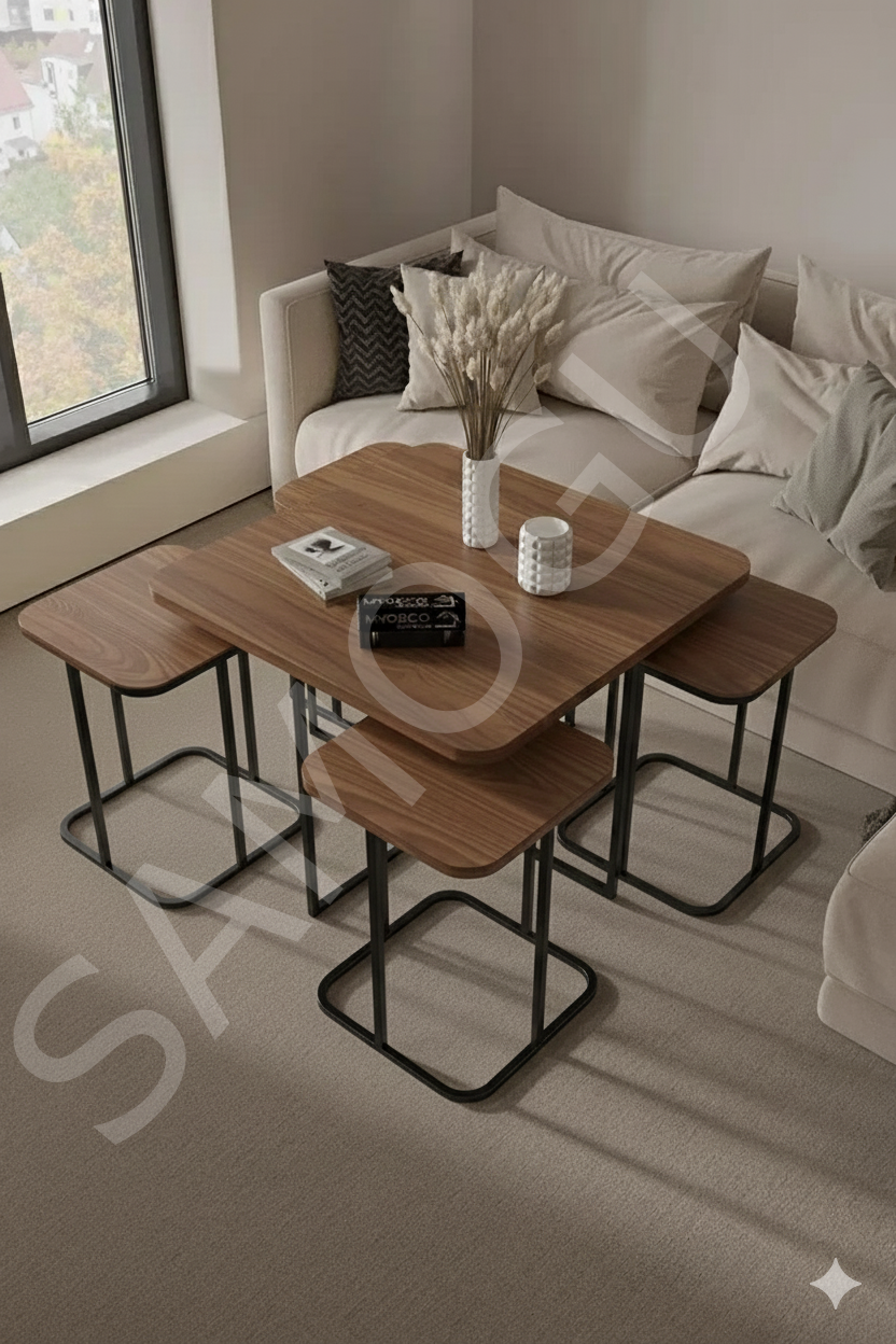 Kare Pizza Orta Sehpa Radüslü 4+1 Ceviz Renk Ahşap Yüzey