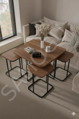 Kare Pizza Orta Sehpa Radüslü 4+1 Ceviz Renk Ahşap Yüzey