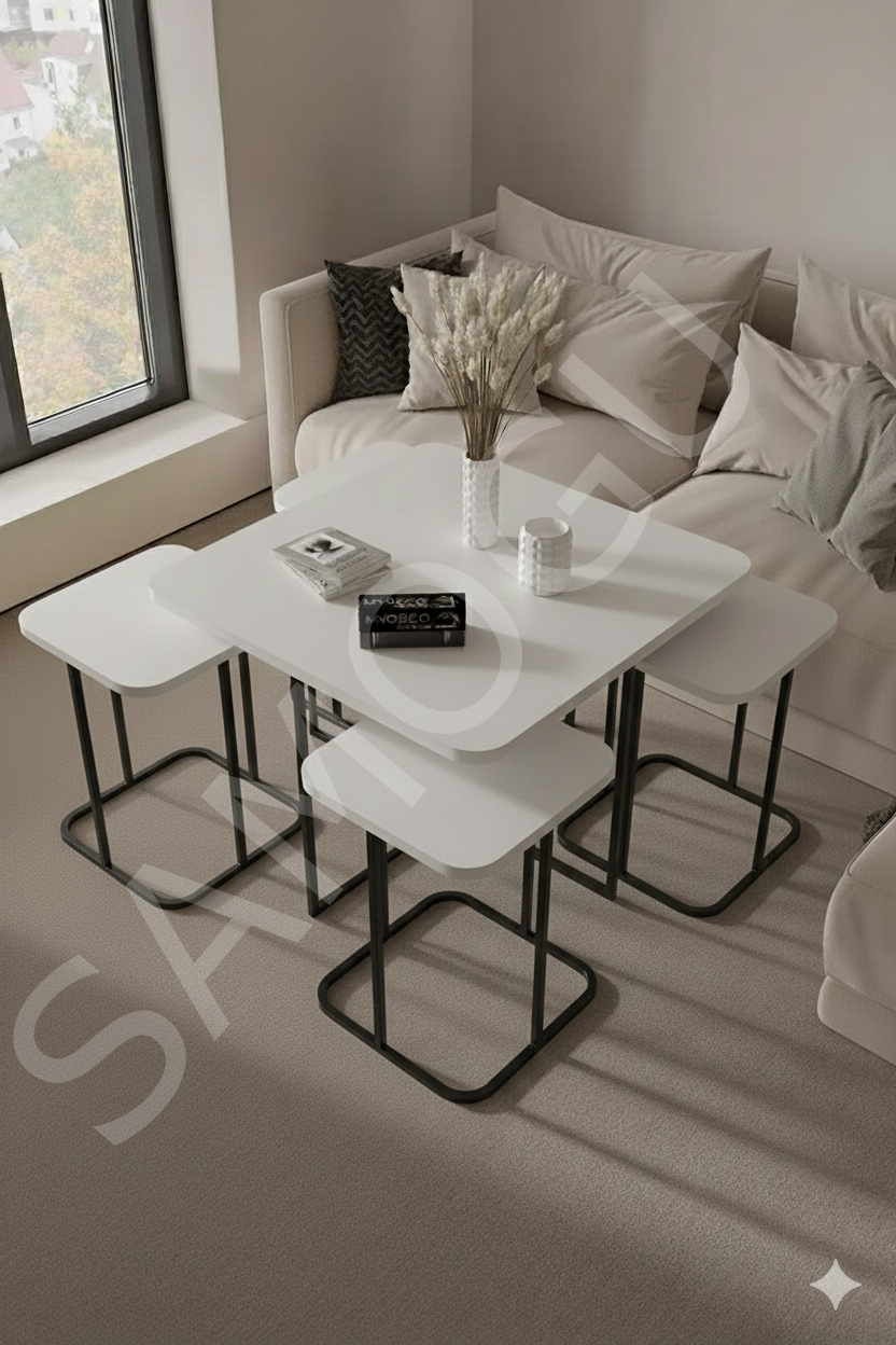 Kare Pizza Orta Sehpa Radüslü 4+1 Beyaz Renk Ahşap Yüzey