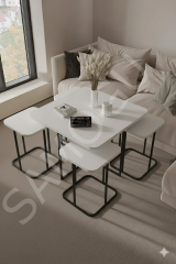 Kare Pizza Orta Sehpa Radüslü 4+1 Beyaz Renk Ahşap Yüzey